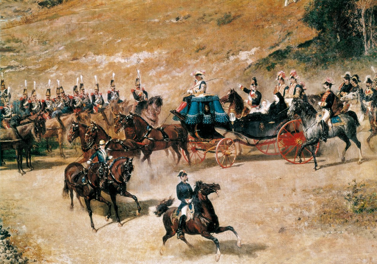 Královna María Cristina a její dcera Isabela II., recenze dělostřeleckých baterií bránících Madrid v roce 1837, detail, c. 1866 (olej na plátně) od Mariano José María Bernardo Fortuny y Carbó