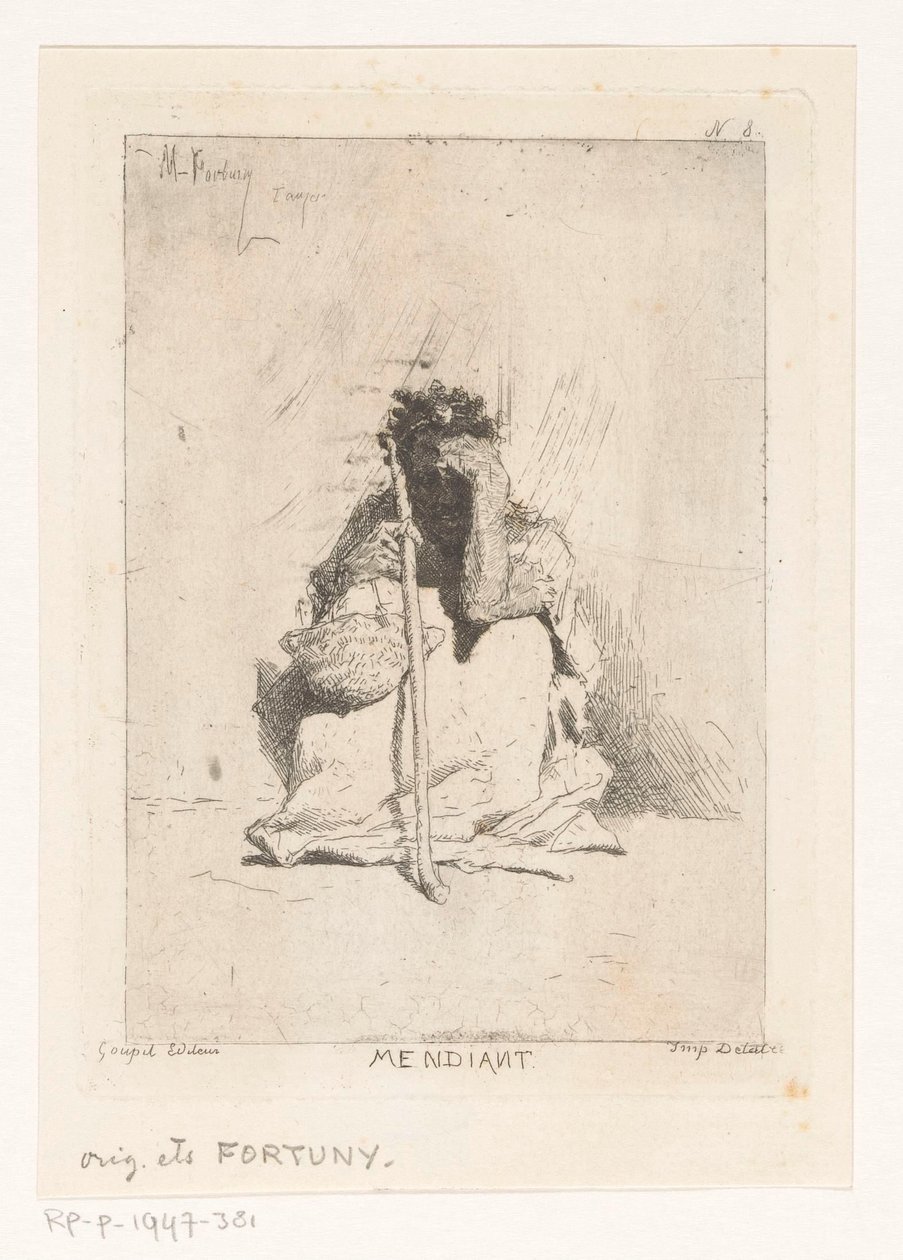 Sedící žebrák s holí Mendiant (název na objektu) od Mariano José María Bernardo Fortuny y Carbó