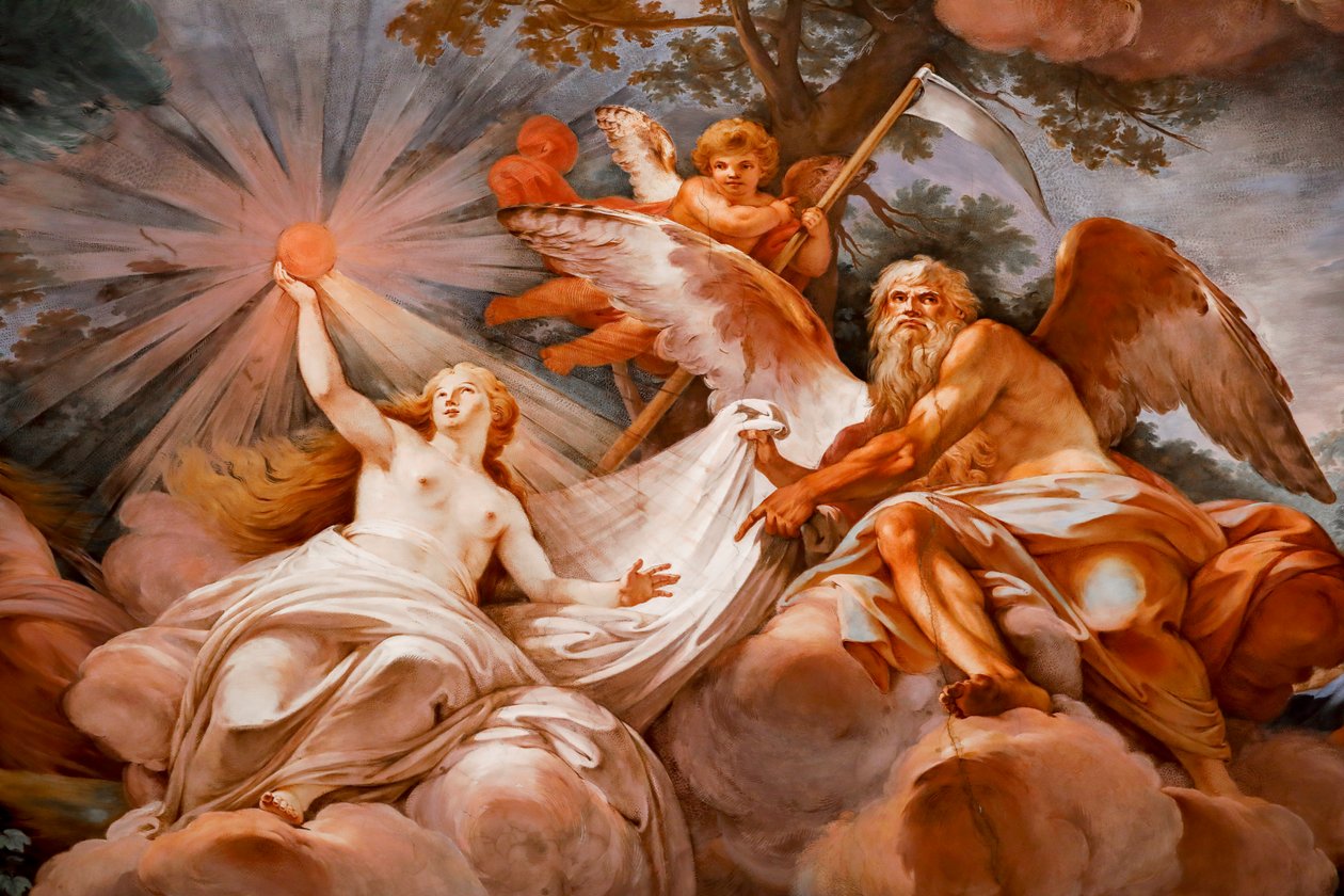Romula vítá na Olympu Jupiter. Detail „Apoteózy Romula“ 1775-1779, freska od Mariano Rossi