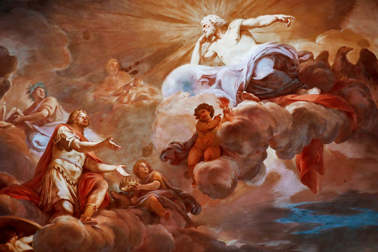 Romula vítá na Olympu Jupiter. Detail „Apoteózy Romula“ 1775-1779, freska od Mariano Rossi