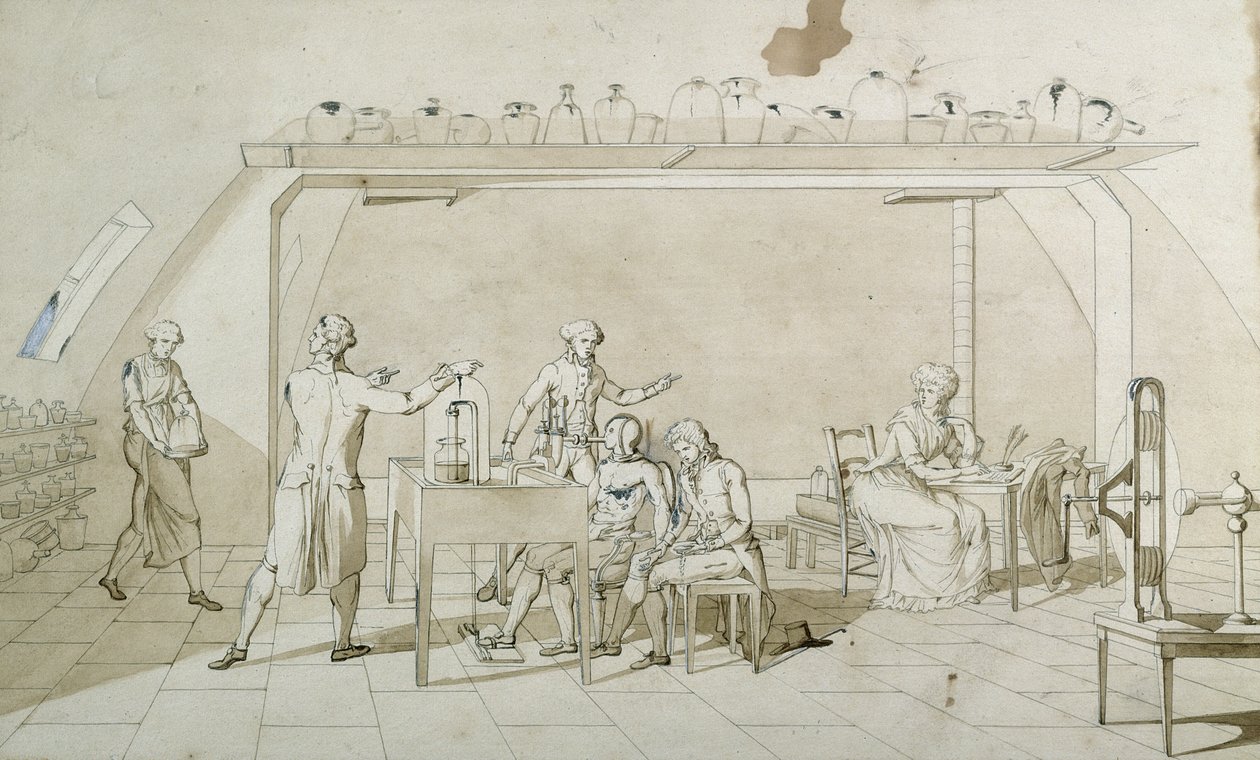 Antoine Lavoisier (1743-94) a jeho Experimenty s dýcháním (pero a inkoust a sépie na papíře) od Marie Anne Pierrette Lavoisier