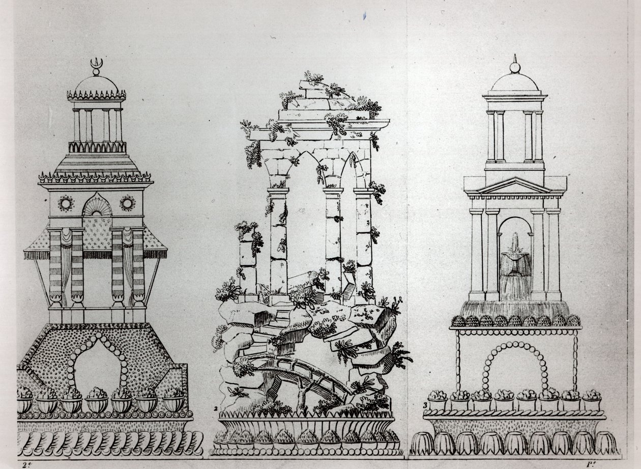 Návrhy na zdobení pečiva z „Le Patissier Royal parisien“ od Careme, deska 28, Lipsko a Paříž, vydáno 1854 od Marie Antoine Careme