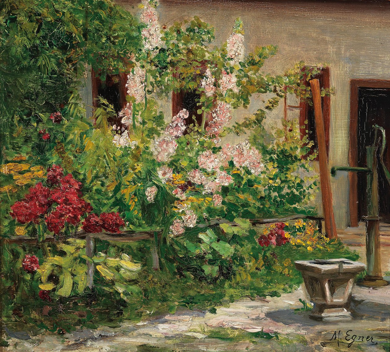 Předzahrádka s rozkvetlými hollyhocky anglicky: Front Garden with Blossoming Hollyhocks od Marie Egner