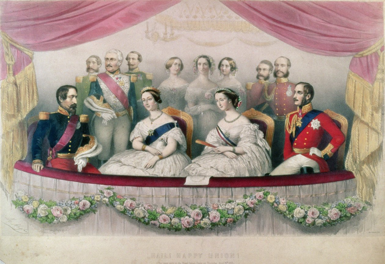 Hail Happy Union, státní návštěva Královské italské opery královnou Viktorií, princem Albertem a císařem a císařovnou Francie, 1855 od Marie Alexandre Alophe