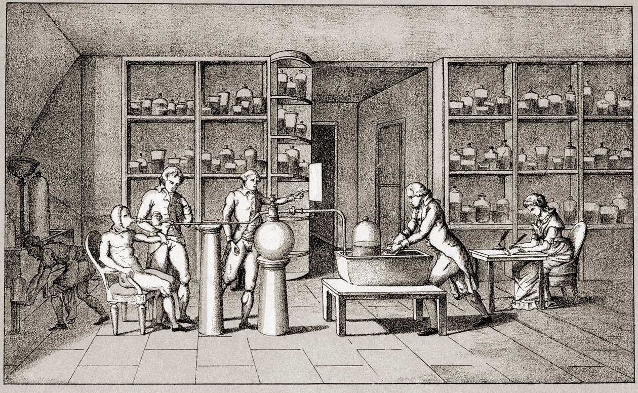Antoine Laurent de Lavoisier (1743-1794), francouzský chemik provádějící experiment na dýchání člověka v klidu. Kresba paní Lavoisier. Paříž 18. století. Kolekce Leemage od Marie Anne Pierrette Lavoisier