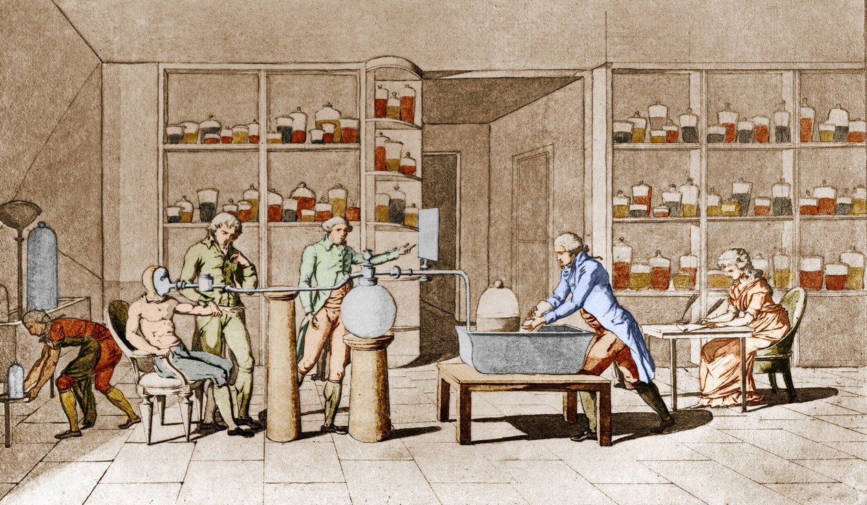 Antoine Laurent de Lavoisier (1743-1794), francouzský chemik, má zkušenosti s dýcháním člověka v klidu. Z kresby Mme Lavoisier. Paříž 18. století. Leemage kolekce od Marie Anne Pierrette Lavoisier