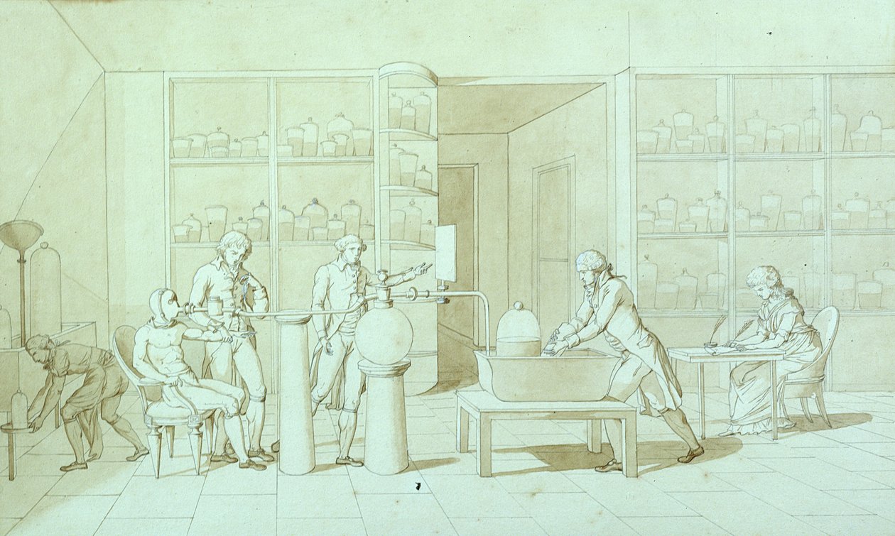 Antoine Lavoisier (1743-94) a jeho Experimenty s dýcháním (pero a inkoust a sépie na papíře) od Marie Anne Pierrette Lavoisier