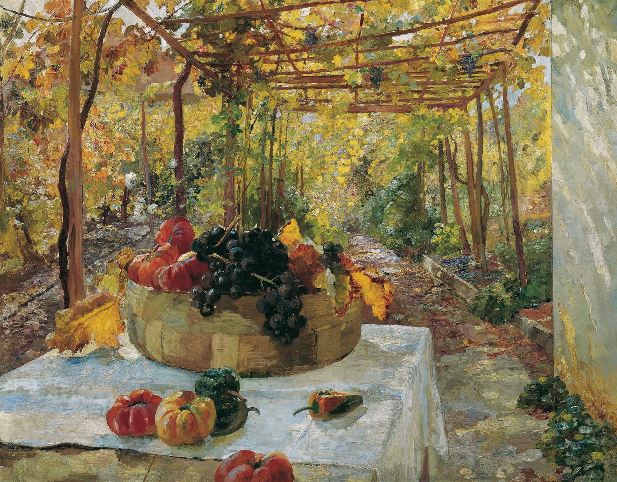 V pergole, asi 1910 (olej na papíře na kartonu) od Marie Egner