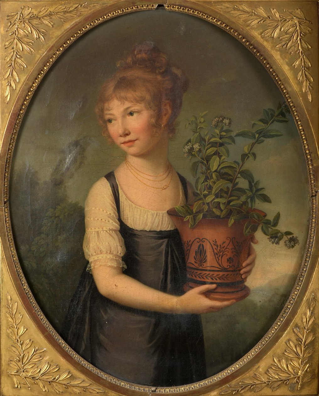 Madame Larsonnier, rozená Edmée Gabiou jako malá dívka s etruskou vázou. od Marie Elisabeth Lemoine