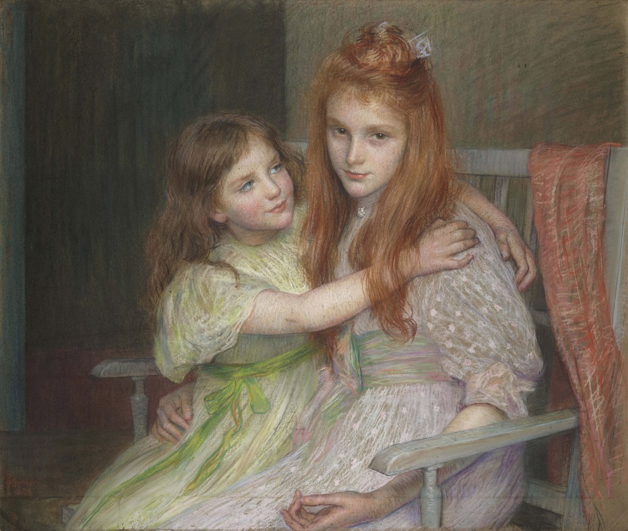Dvě dívky sedí na lavičce od Marie Louise Catherine Breslau
