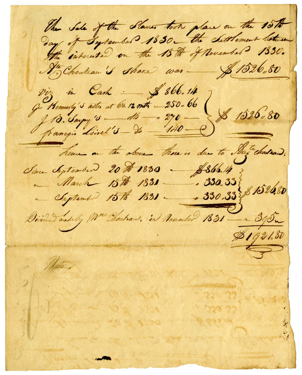 Dokument o prodeji otroků a podílu přicházejícím různým jednotlivcům, listopad 1831 od Marie Therese Cerre Chouteau