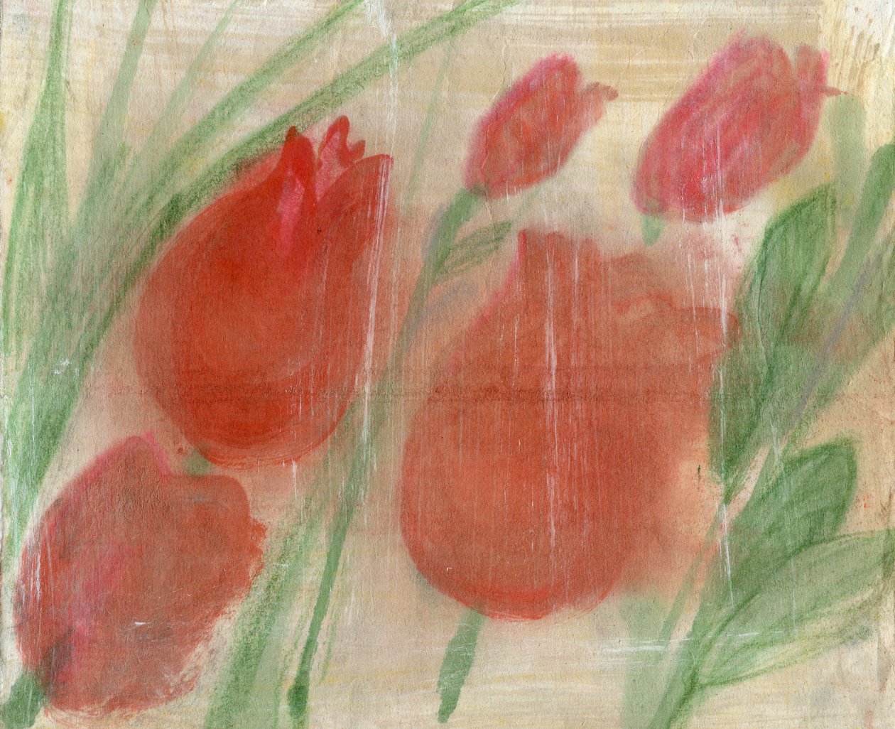 Červené tulipány, 2020 (olej a kombinovaná technika na papíře) od Marina Falco