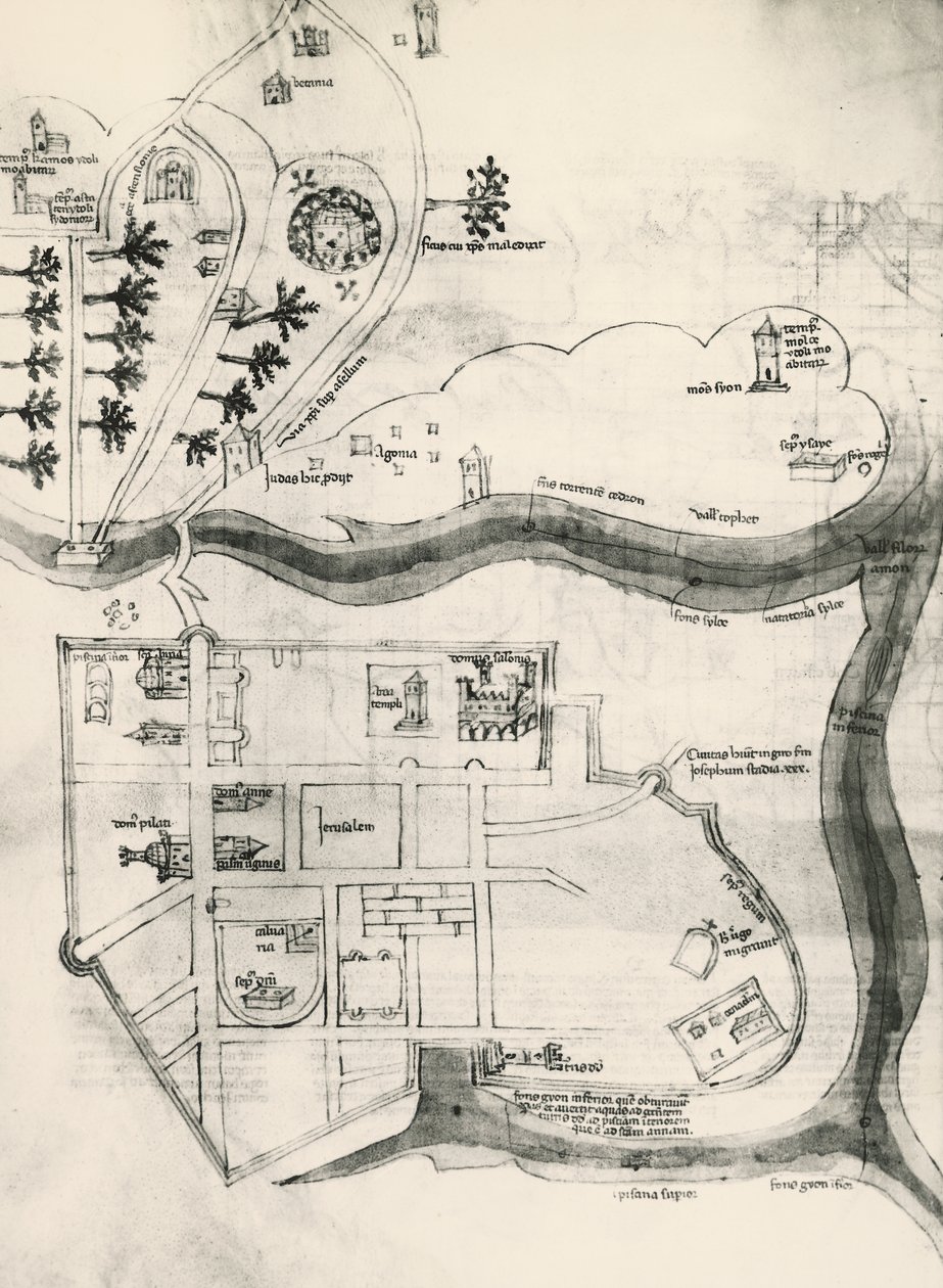 Mapa Jeruzaléma, z Knihy tajemství věrných kříži (Liber Secretorum Fidelium Crucis) od Marino the Elder (after) Sanuto