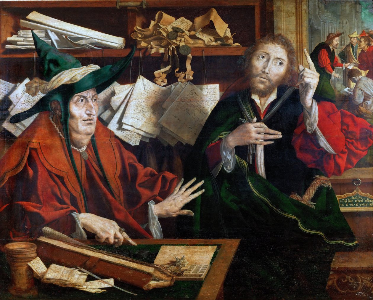La parabole du gerant malhonnete - Podobenství o nespravedlivém správci, Reymerswaele, Marinus Claesz, van (asi 1490-po 1567). Olej na dřevě, cca 1540. Rozměr: 77 x 96,5 cm. Uměleckohistorické muzeum, Vienne od Marinus van Reymerswaele