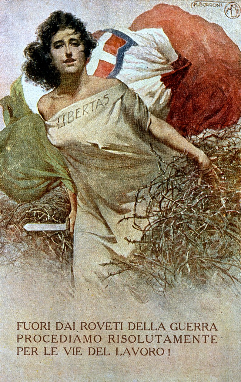 Kresba alegorie Itálie osvobozené z jha první světové války. (barva lito) od Mario Borgoni