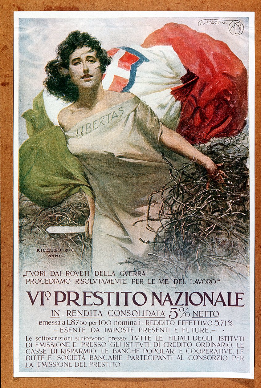 Italská alegorická ilustrace k Národní půjčce, cca 1918 (plakát) od Mario Borgoni