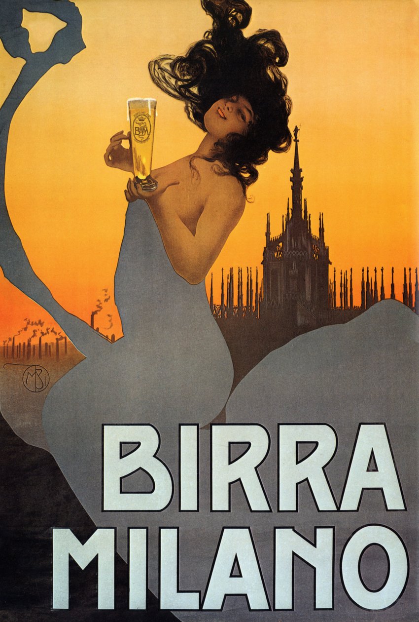 Plakátová reklama Birra Milano, Itálie, cca 1900 (barevné lito) od Mario Borgoni