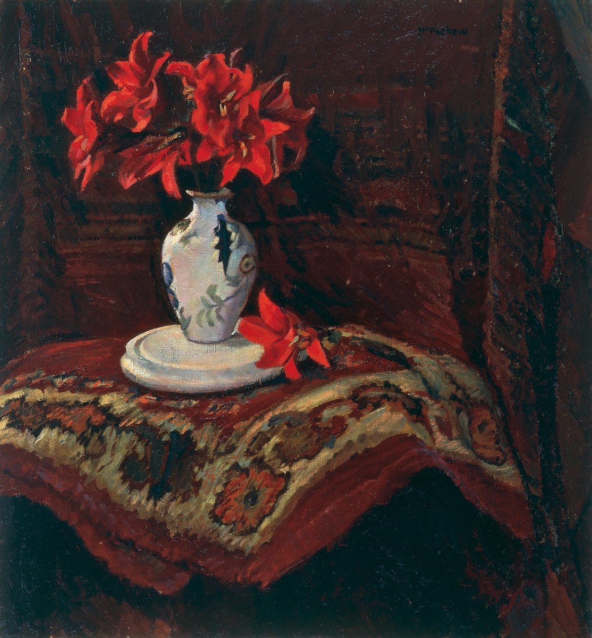 Koberec a váza s červenými liliemi, Mario Puccini (1869-1920), olej na plátně, 64x59 cm. od Mario Puccini