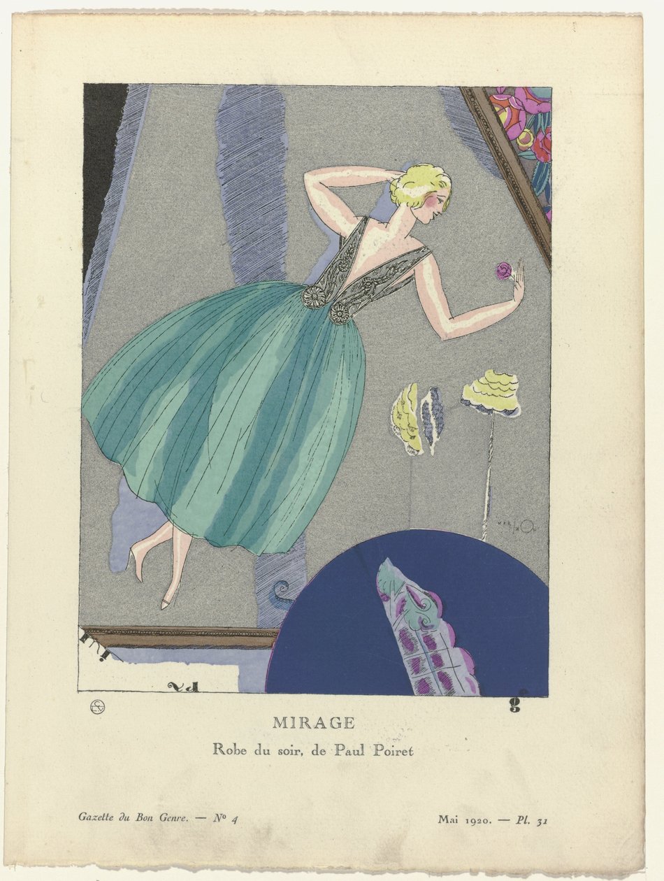 Gazette du Bon Ton, 1920 - č. 4, Pl. 31: Mirage. / Večerní šaty, Paul Poiret. (název na objektu) od Mario Simon