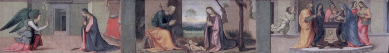 Zvěstování; Narození Páně; Prezentace v chrámu, panel předella k Navštívení sv. Alžběty u Madony, 1503 (panel) (viz také 50335) od Mariotto Albertinelli
