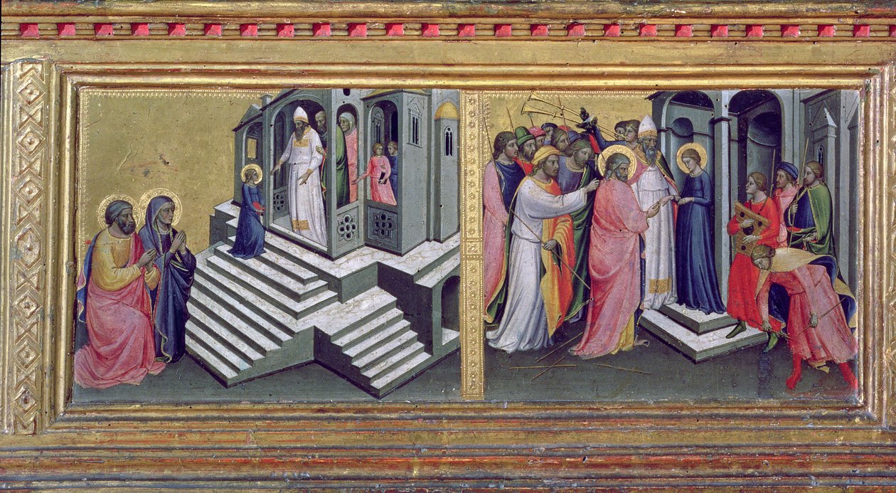 Madona a dítě se svatými, detail predely znázorňující Prezentaci v chrámu a Sňatek Panny tempera na detail panelu 80340 od Mariotto di Nardo