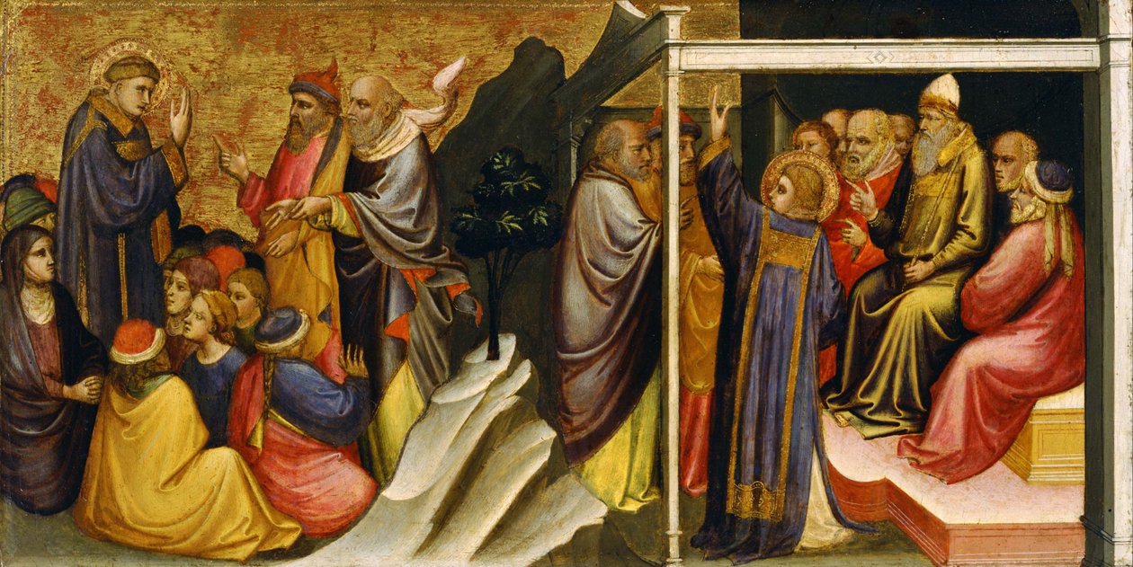 Panel Predella: Svatý Štěpán před veleknězem a staršími Sanhedrinu od Mariotto di Nardo