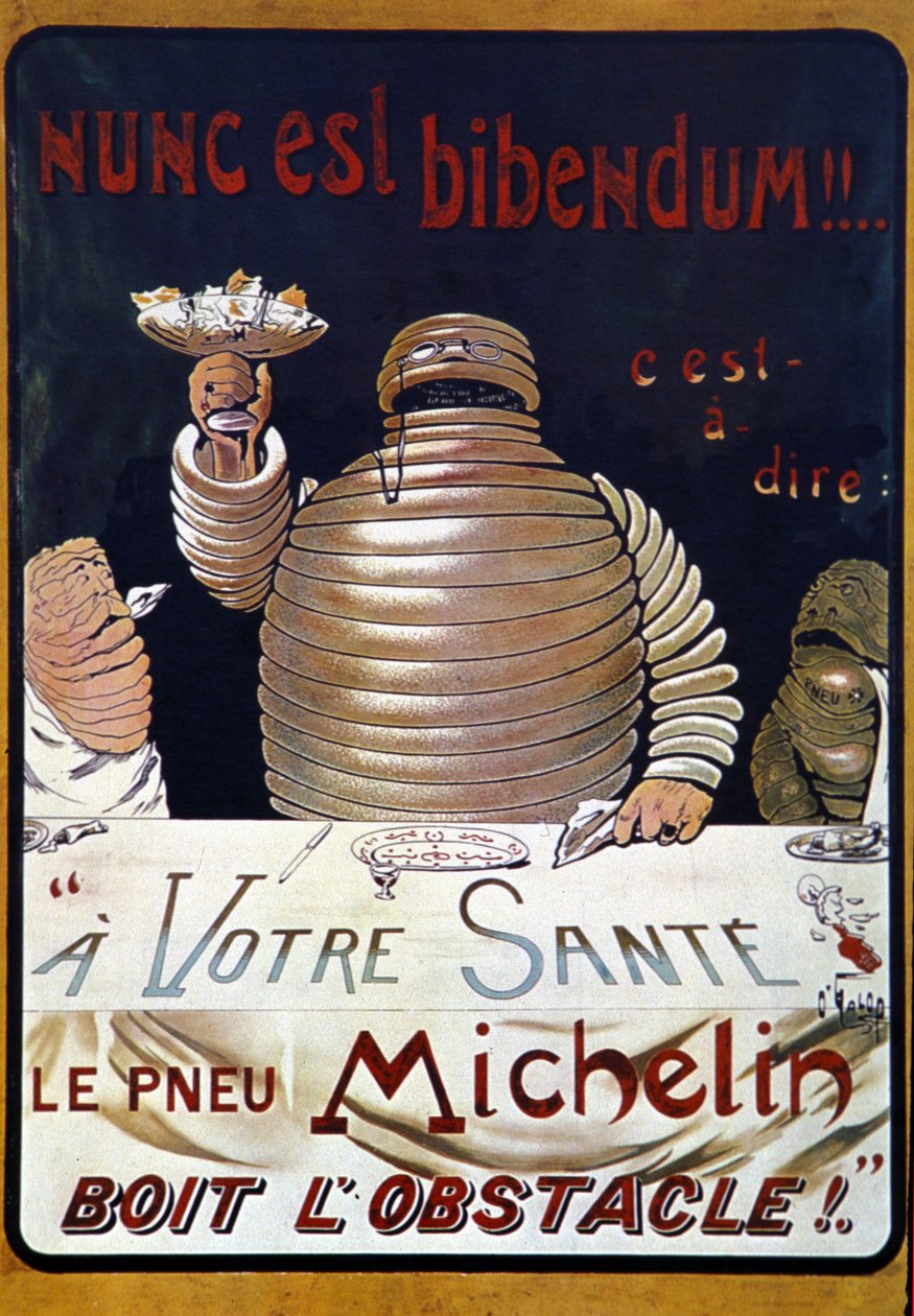 Reklamní plakát Michelin pneumatika: Nunc je bibendum, pneumatika Michelin pije překážku od Marius Rossillon