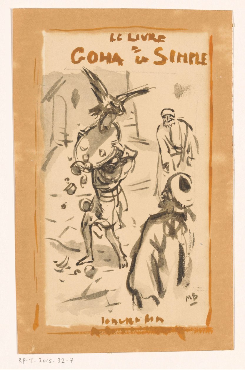 Muž s podnosem napaden dravým ptákem Le livre Goha le Simple (název na objektu) od Marius Bauer (signed by artist)