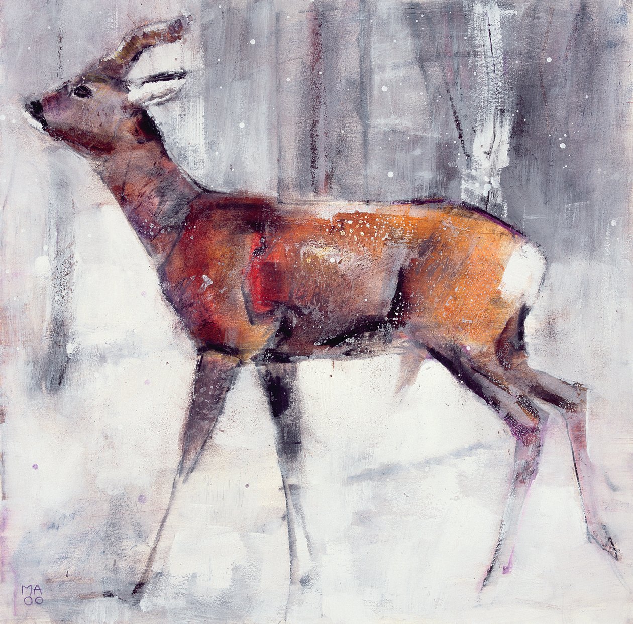 Buck in the snow, 2000 (kombinovaná média na papíře) od Mark Adlington