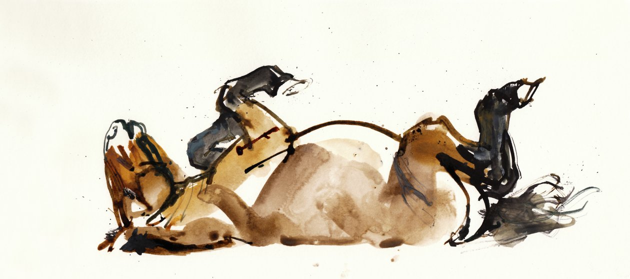 Valící se kůň (Przewalski), 2013 (senelierská tuš, akvarel a kvaš) od Mark Adlington