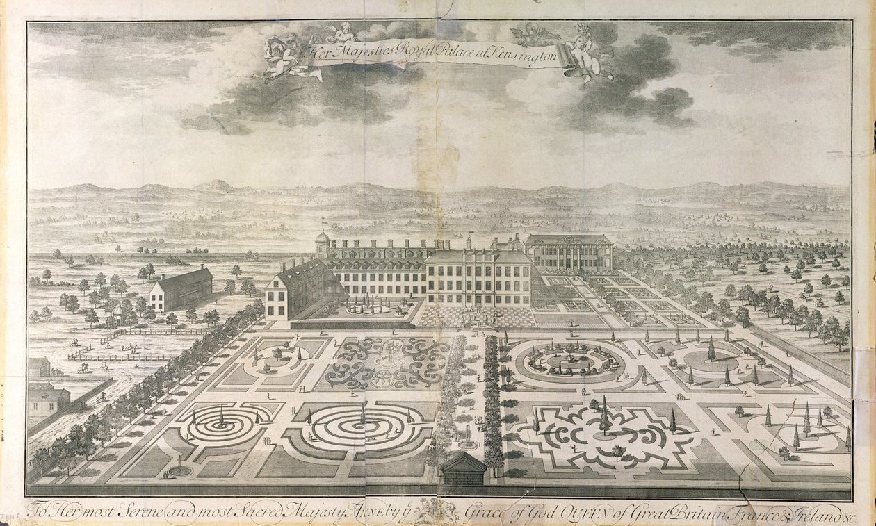 Pohled z ptačí perspektivy na zahrady Kensingtonského paláce, rytý Johannes Kip (c.1652-1722) hospoda. od J. Smith, 1724 od Mark Anthony Hauduroy