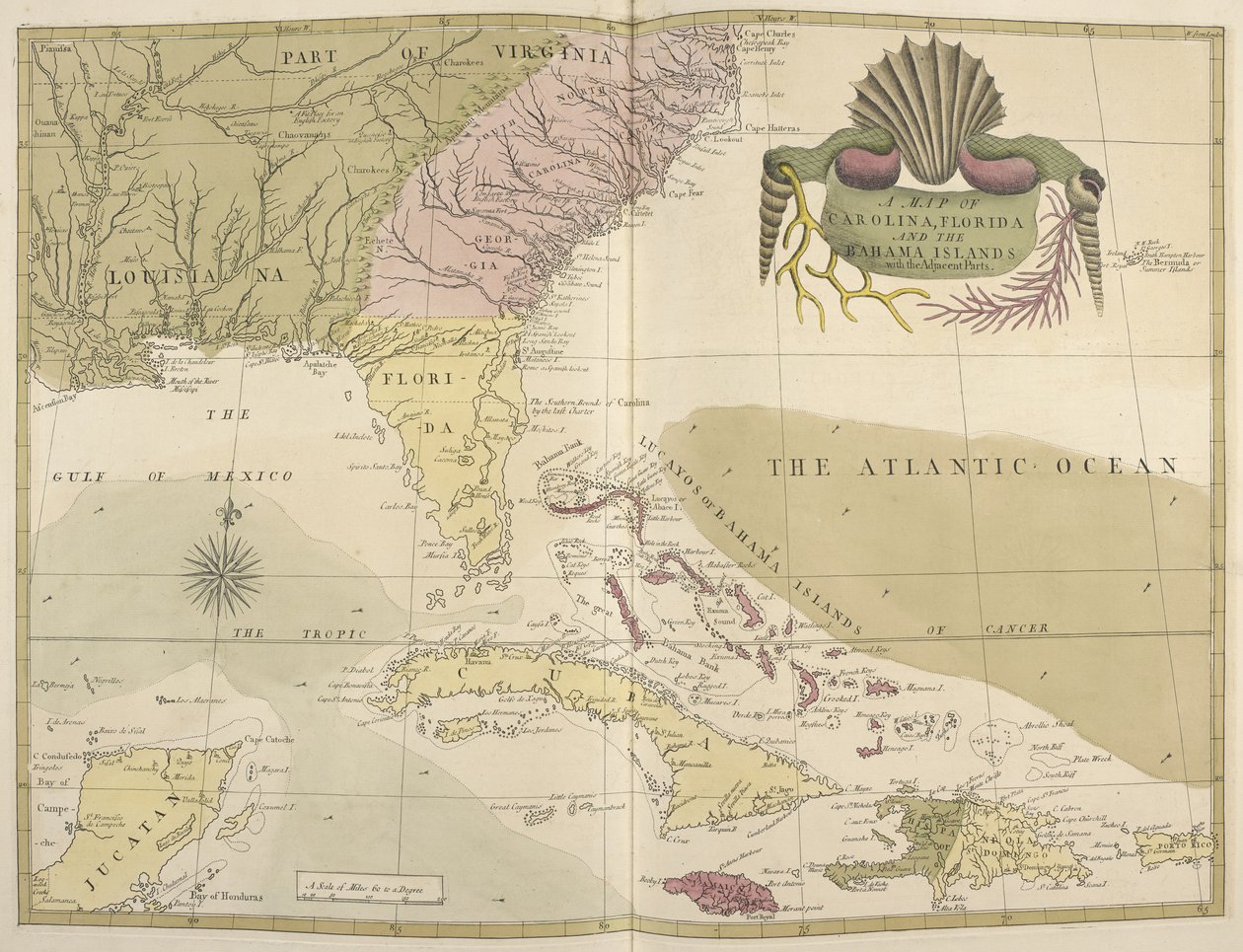 Mapa Karolíny, Floridy a Bahamských ostrovů od Mark Catesby