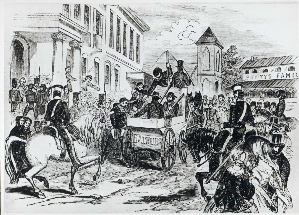 Příjezd vládního přepravce do koloniální pokladnice v Sydney dne 21. srpna 1851 z „The Illustrated London News“, 24. ledna 1852 od Marshall Claxton