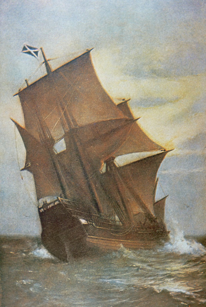 Mayflower nesoucí Otce poutníky přes Atlantik do Ameriky v roce 1620 (olej na plátně) od Marshall Johnson