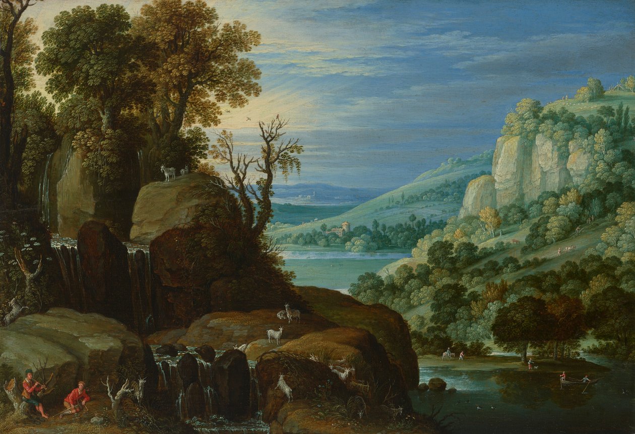 Rozsáhlá říční krajina s kozlíky hrajícími na píšťaly u vodopádu, daleký výhled na jezero a město za ním. od Marten Ryckaert