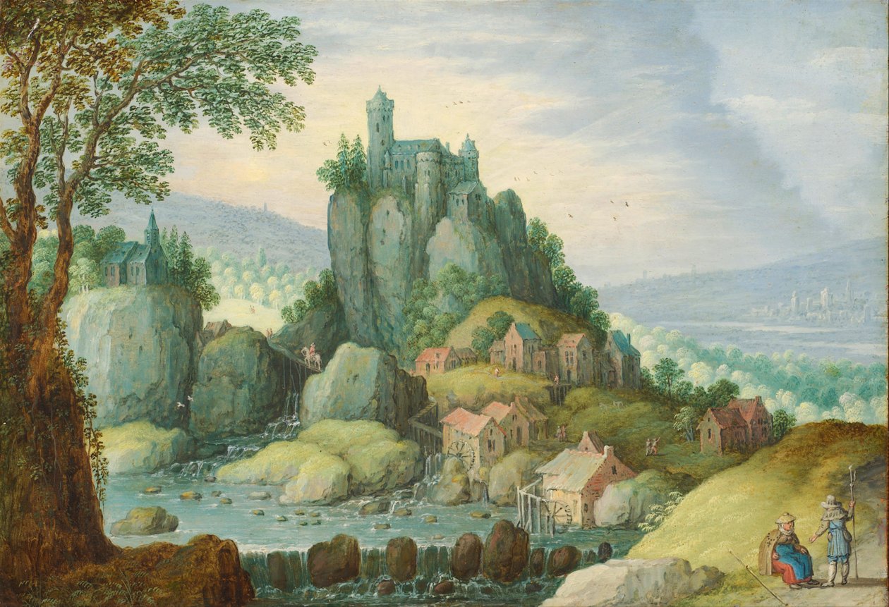 Panoramatická krajina s řekou, hradem na skalnatém výběžku a vodním mlýnem pod ním od Marten Ryckaert