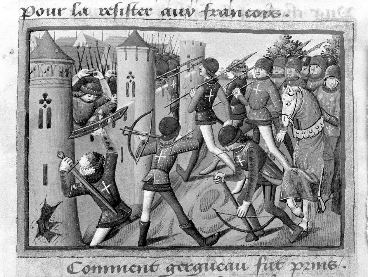 Ms Fr 5054 f.58v obléhání Jargeau, říjen 1428, "Les Vigiles de Charles VII", 1484 od Martial de Paris