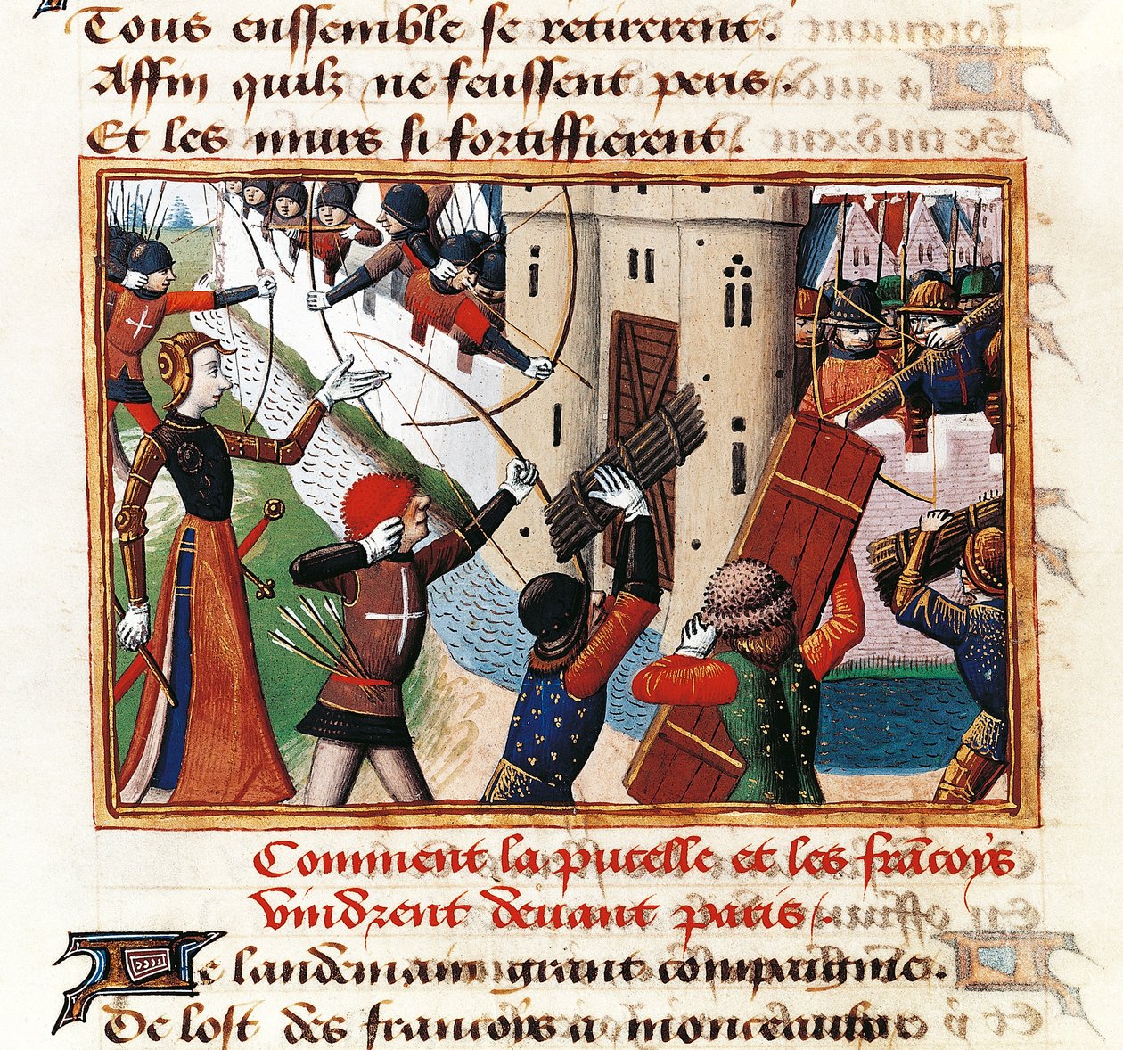 Johanka z Arku u bran St Honore, odkud začíná útok na Paříž, miniatura z Vigiles de Charles VII od Martiala de Paris (známého jako Auvergne) (1420-1508), Francie od Martial de Paris (fl.15th century)