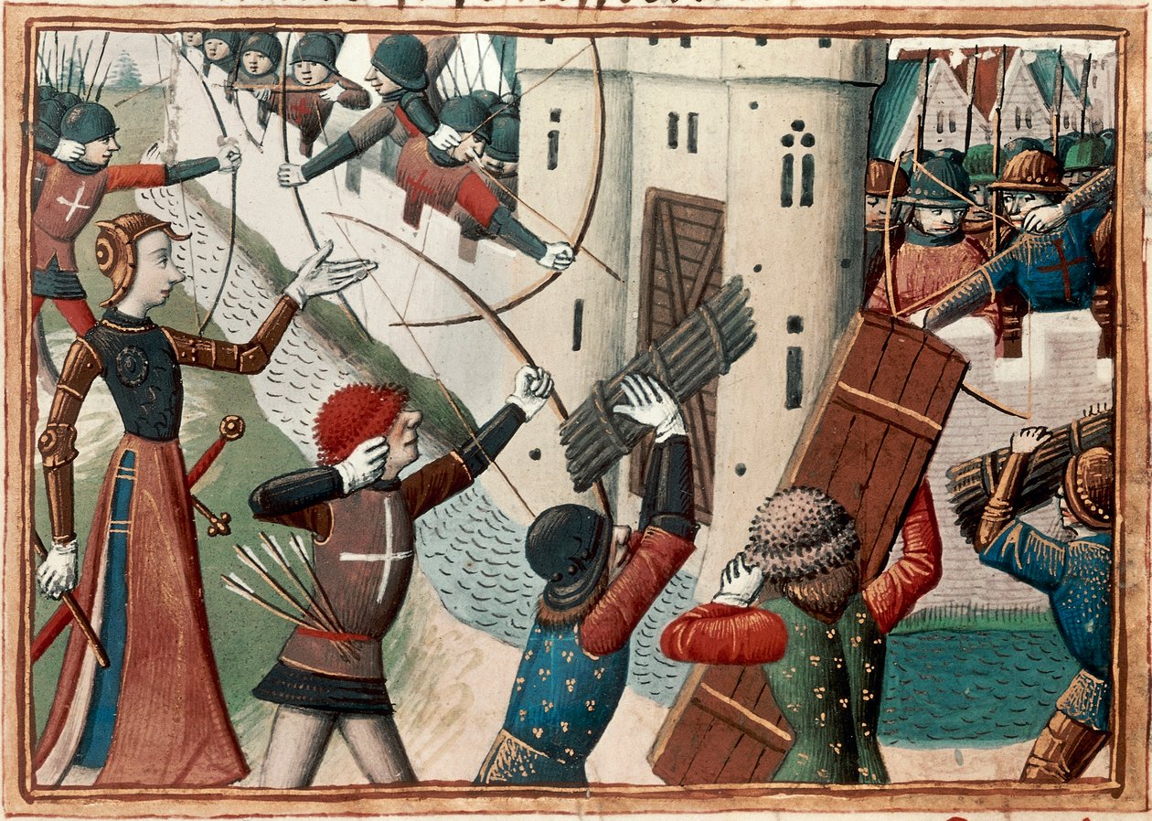 Johanka z Arku při obléhání Orleansu, miniatura z Vigiles de Charles VII od Martial de Paris (fl.15th century)