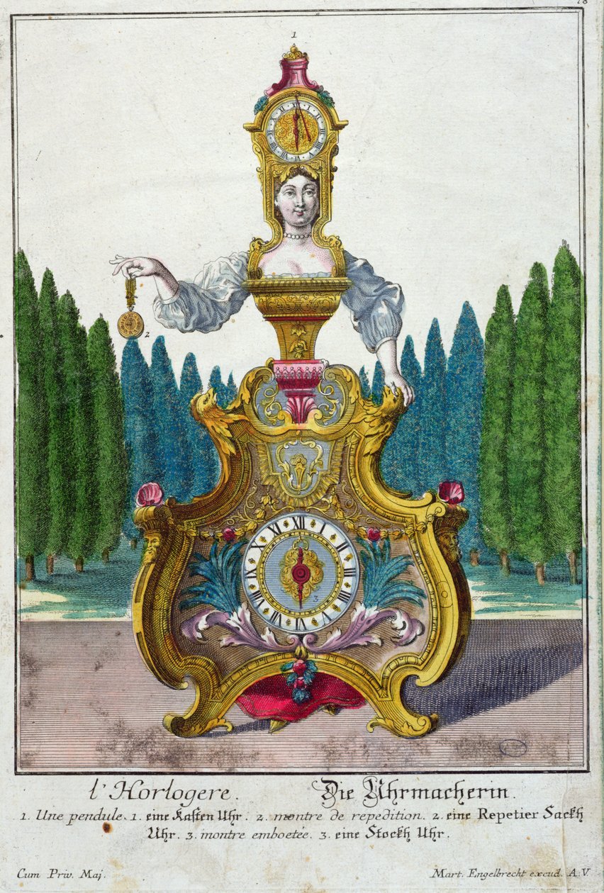 Hodinář, asi 1735 (barevná rytina) od Martin Engelbrecht