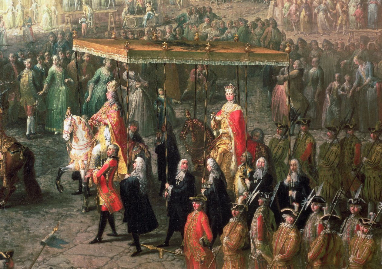 Korunovační průvod německého císaře Josefa II. (1741-90) v Romerbergu, 1764 (detail 66718) od Martin II Mytens or Meytens