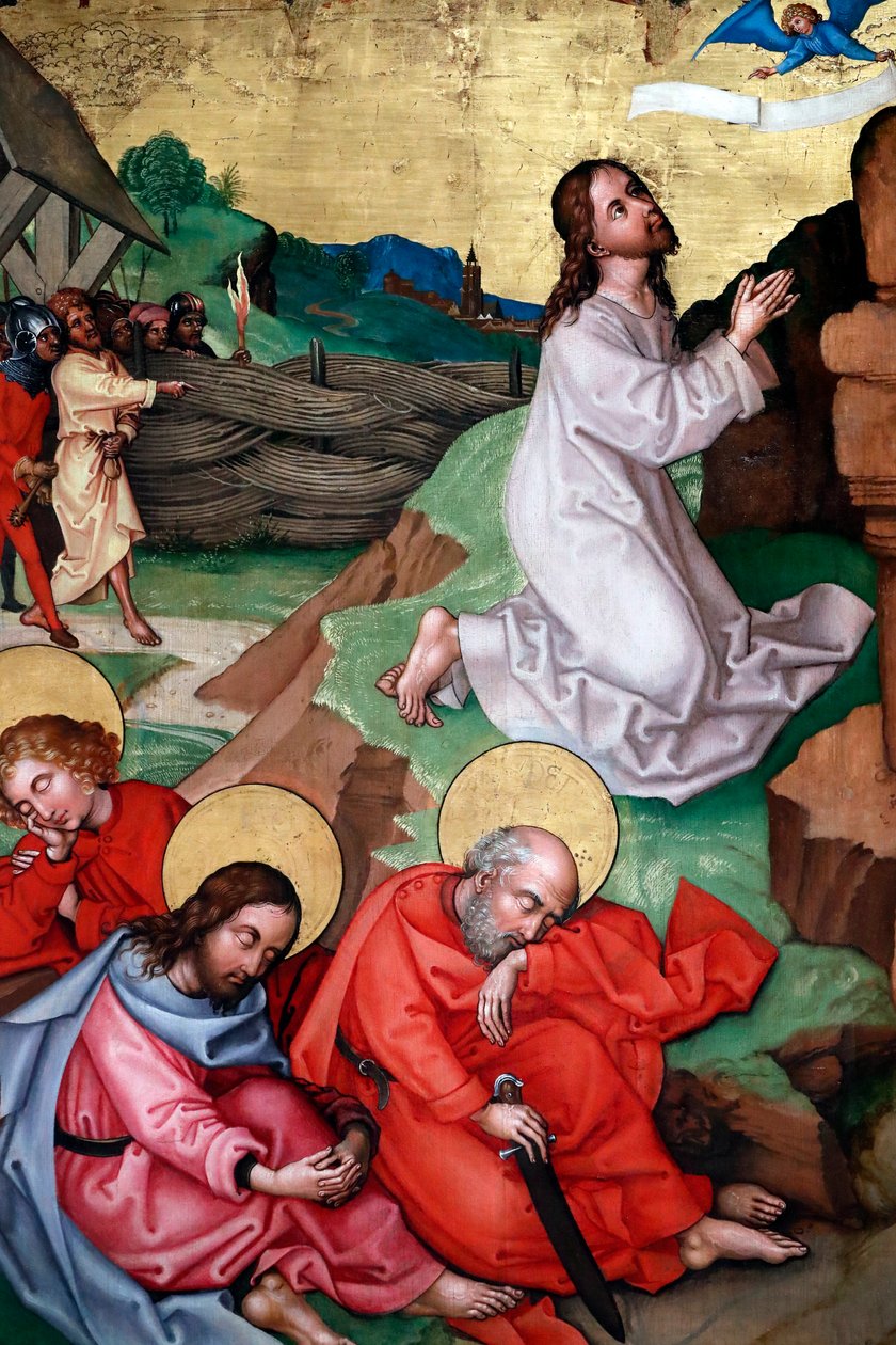 Ježíš se modlí v zahradě Getsemanské po Poslední večeři, zatímco učedníci spí od Martin Schongauer