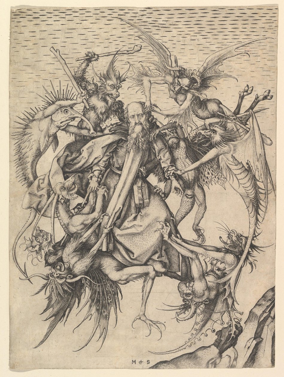 Pokušení svatého Antonína od Martina Schöngauera c. 1480-90. Rytina od Martin Schongauer