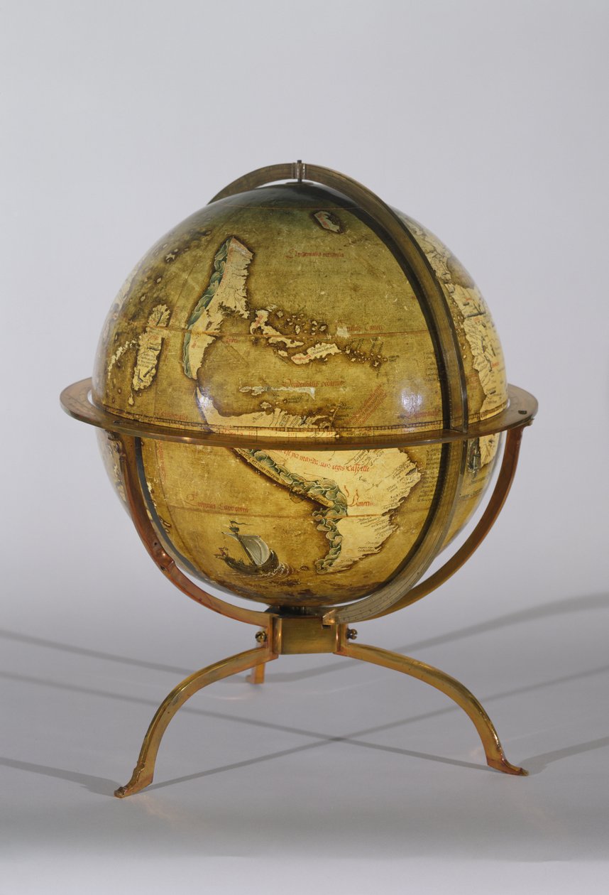 Zemský globus, jeden z dvojice známých jako globusy „Brixen“, kolem 1522 (pero a inkoust, wc a kvaš na dřevě) od Martin Waldsemuller