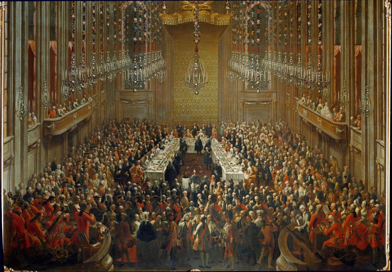 Banket u příležitosti svatby císaře Josefa II. a Isabely Parmské dne 6.10.1760. S Mozartem stojícím v orchestru od Martin (and studio) Mytens or Meytens