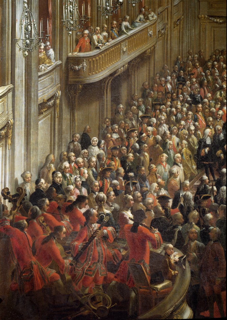 Mozart dítě poblíž hudebníků. detail Oficiální hostiny ke svatbě princezny Isabely Parmské s císařem Josefem II (Malba od Martin (and studio) Mytens or Meytens