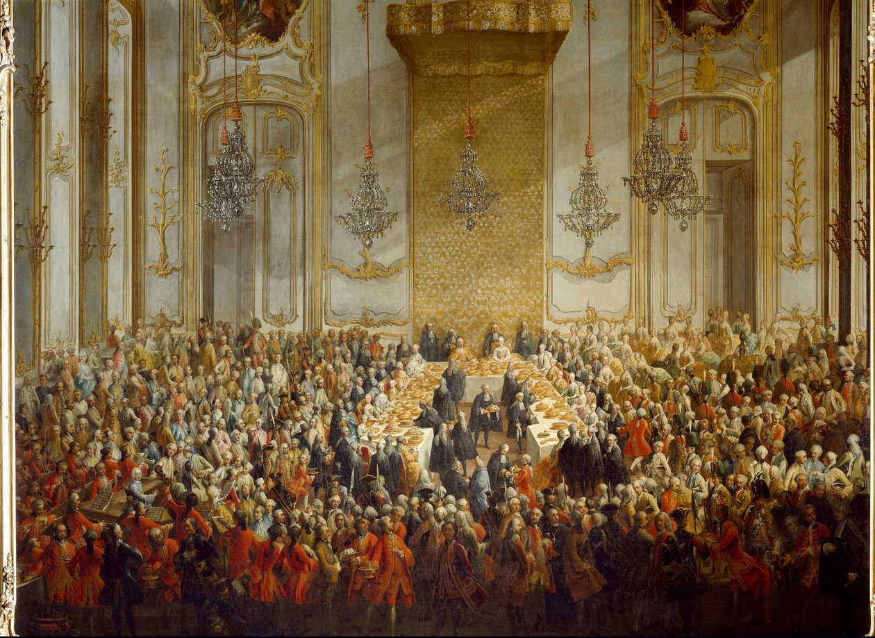 Oficiální banket pořádaný ke svatbě princezny Isabely Parmské s císařem Josefem II., dne 6.10.1760. Detail (malba) od Martin (and studio) Mytens or Meytens