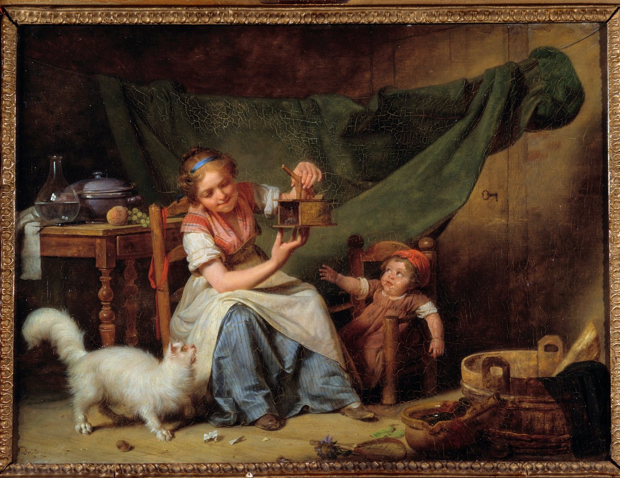 Žena a myš Dívka drží lapač myší před kočkou a dítětem. Obraz Martina Drollinga (1752-1817) 1798 Ne. 0,25x0,35 m Orléans. Muzeum výtvarných umění od Martin Drölling