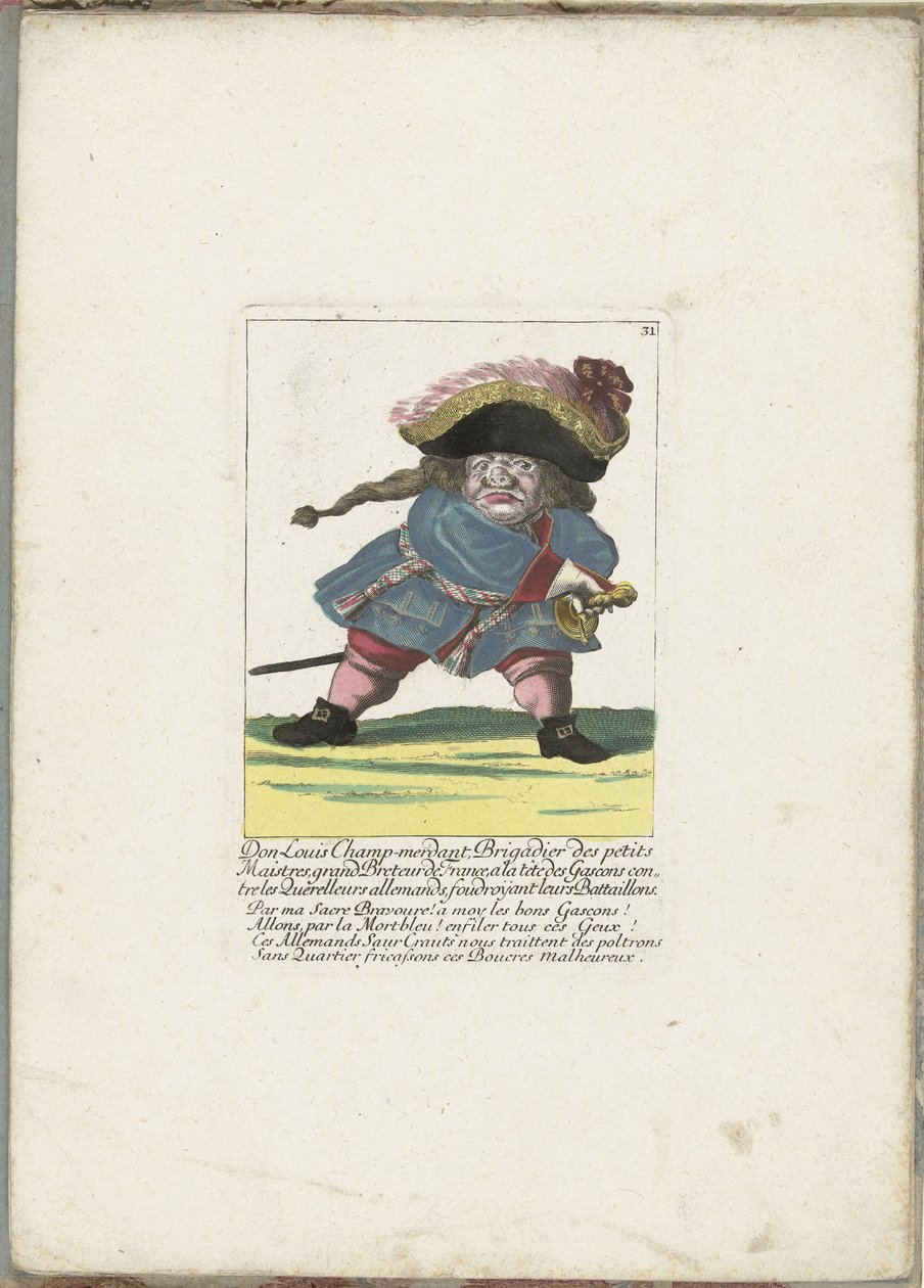 De Franse dwerg Don Luis Champ-merdant, ca. 1710 Don Luis Champ-merdant, brigádní generál malých mistrů, velký breteur Francie, v čele Gaskoňů proti německým hádkám, srážející jejich prapory (titul na předmětu) Il Callotto ožil od Martin Engelbrecht (attributed to)