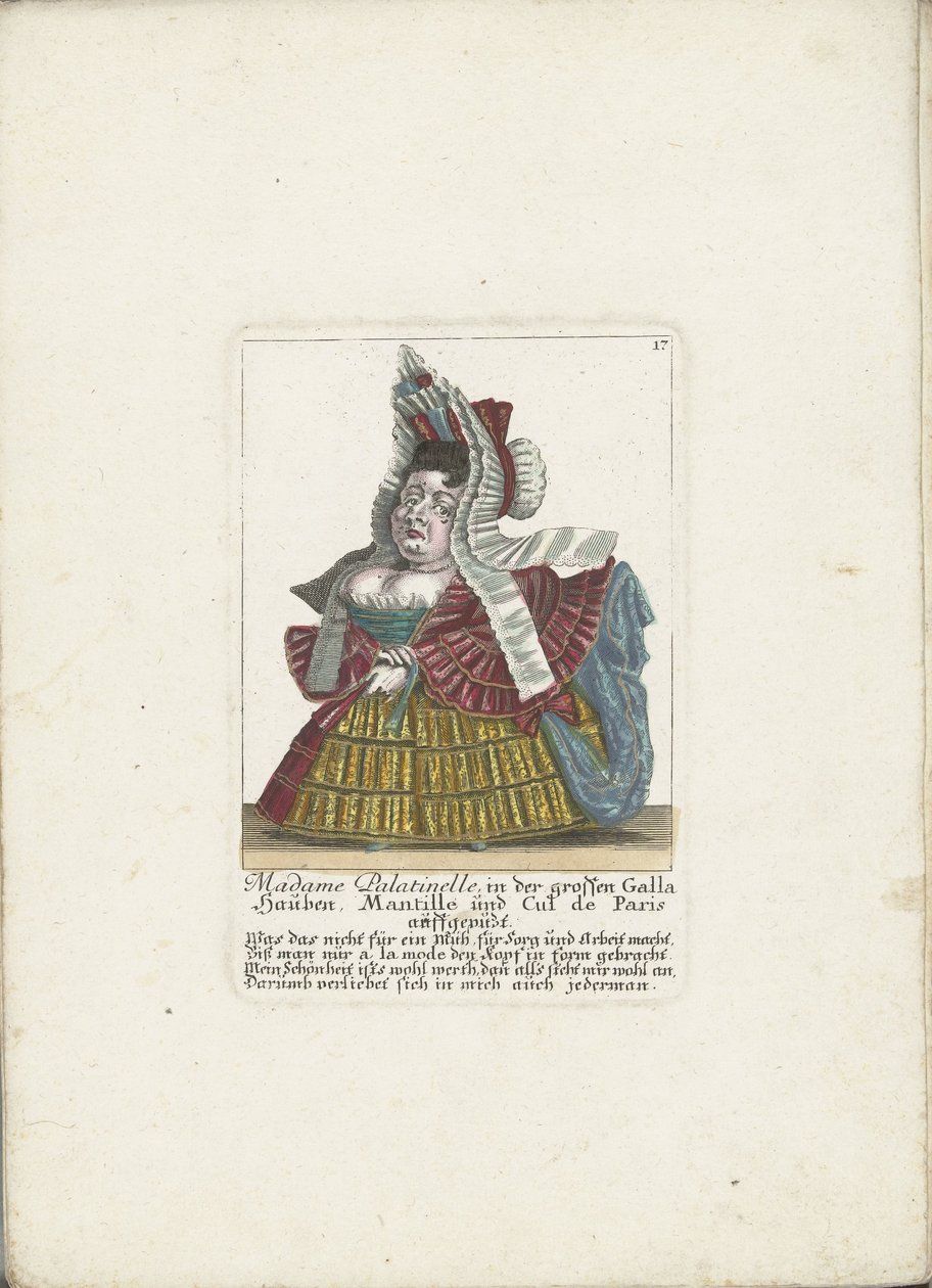 De Franse dwerg Madame Palatinelle, asi 1710 Madame Palatinelle, čepice, mantilla a cul de Paris oblečená ve velké Galle (název na předmětu) Il Callotto resurcitato aneb nově zařízený malý kabinet (název série) od Martin Engelbrecht (attributed to)